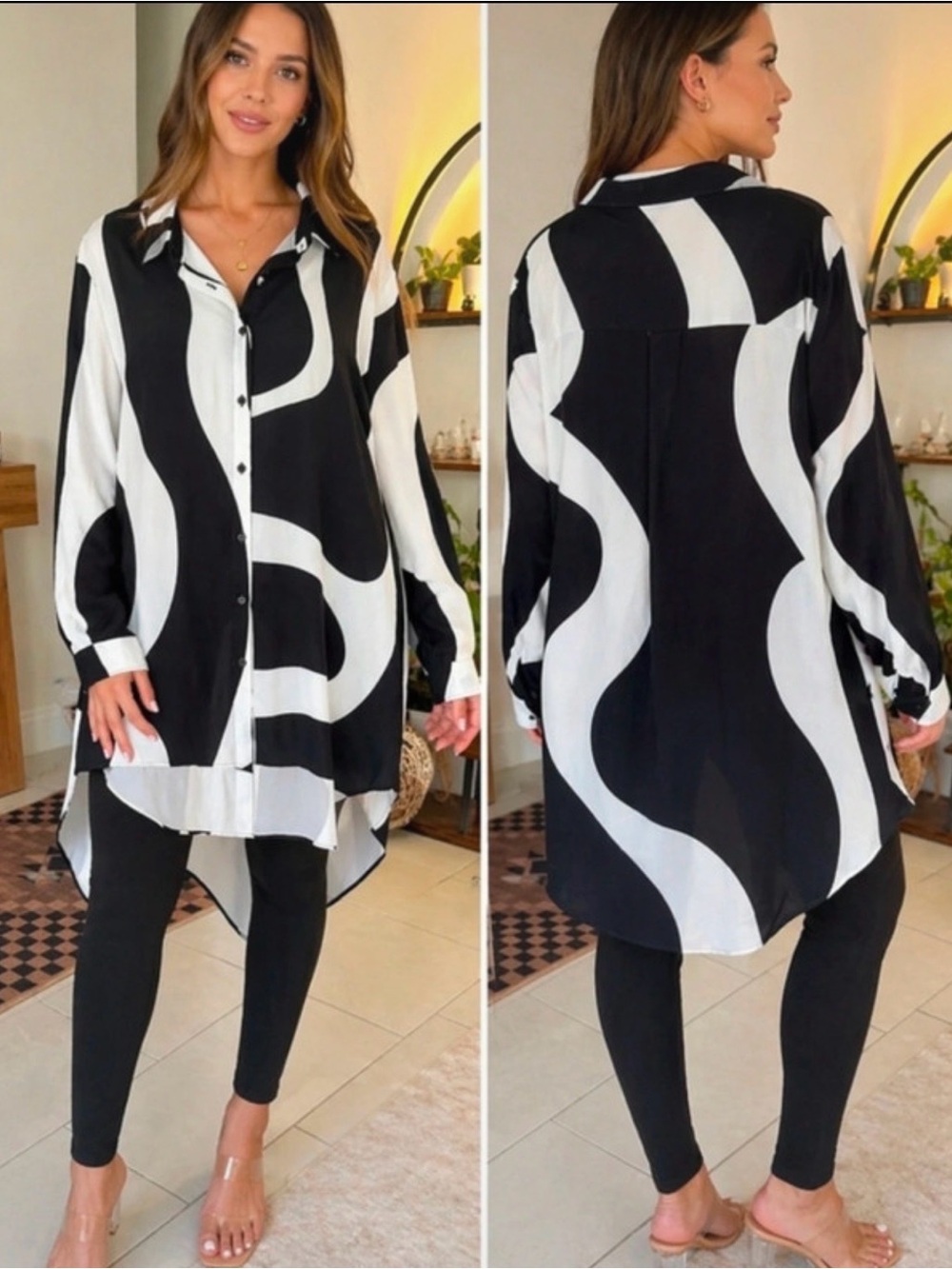 Fashion Nova Black & White Abstract Oversized Button-Down Tunic